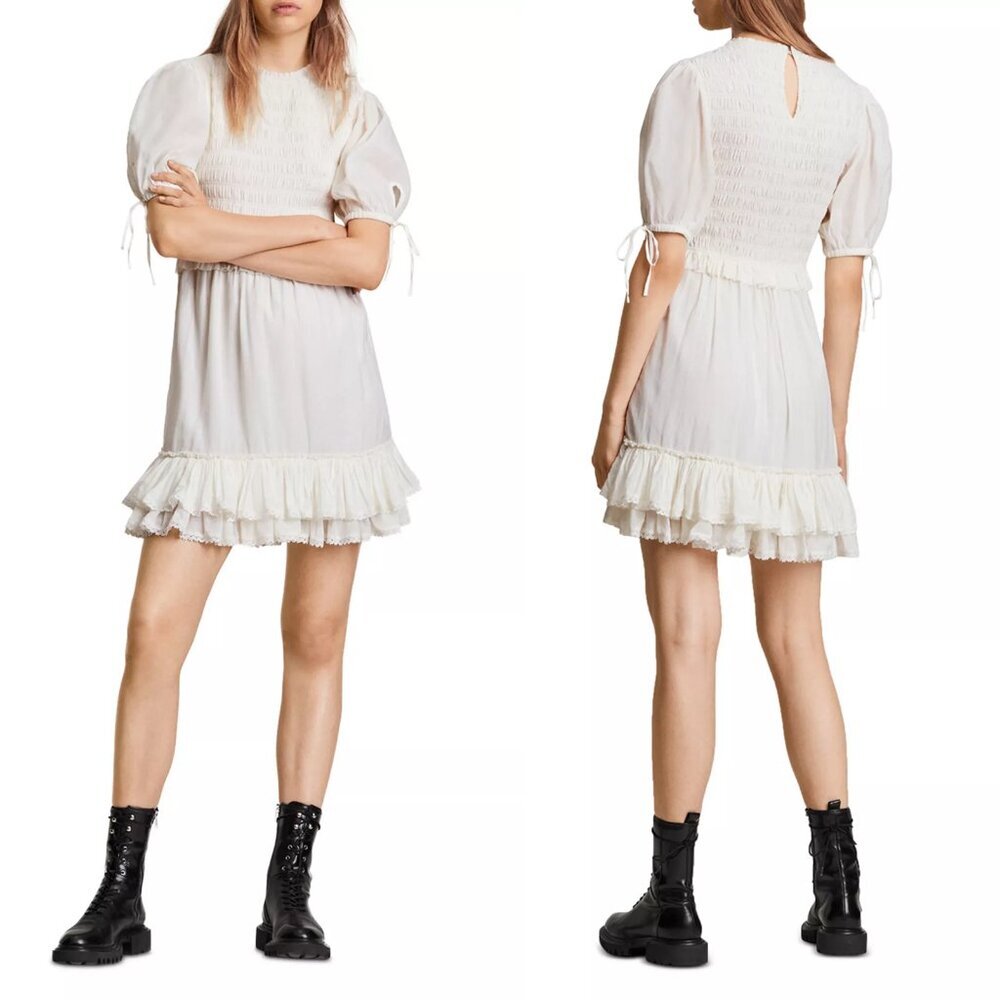 New AllSaints Jaya Smocked Ruffle Ivory Viscose Mini Dress Size 4